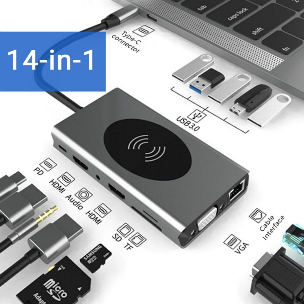 14 In 1 USB-C 허브 도킹 스테이션 어댑터 (USB 3.0 무선 충전 포함) Macbook 용 듀얼 HDMI 4K VGA 3.5mm 오디오 RJ45